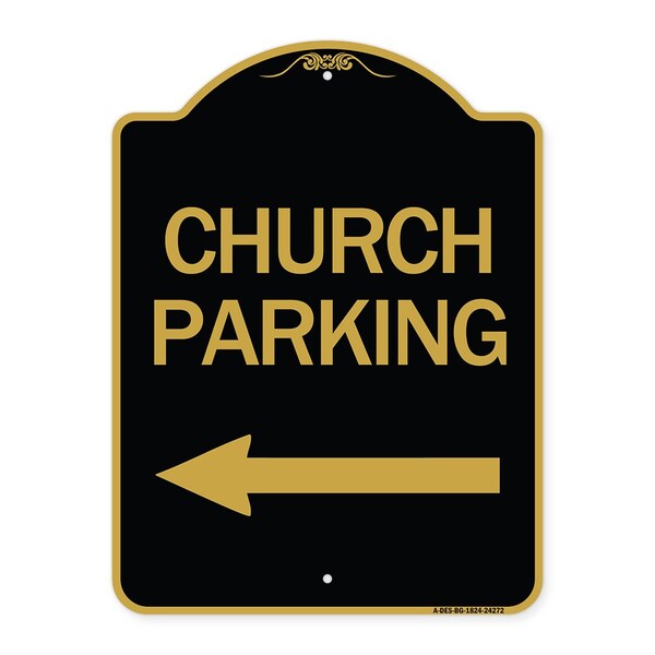 Church Parking With Left Arrow, Black & Gold Aluminum Architectural Sign, 18" x 24", BG-1824-24272